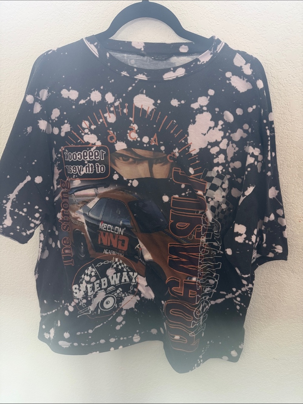 Shein Black and white Bleached Graphic Racing T-Shirt
